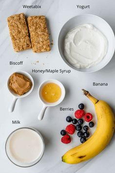 the ingredients to make an oatmeal smoothie laid out on a table