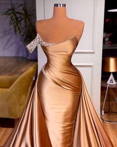 Chic One Shoulder Beaded Mermaid Prom Dress With Court Train Long Sleeve Mermaid Prom Dress, Bougie Outfits, Gold Satin Dress, Valdrin Sahiti, Dress Gala, Glamorous Gowns, Formal Ideas, Prom 2023, One Shoulder Prom Dress