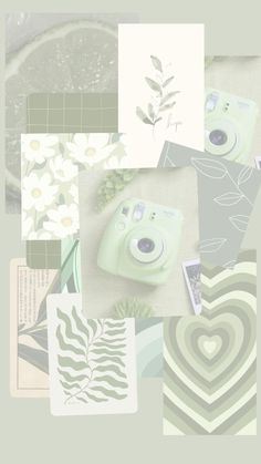 a collage of photos with green and white items