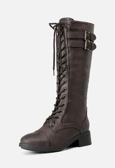 With its lace-up vamp, this Dream Pairs Fighter boot is an elegant twist on the classic military boot. It features double buckles around the top, and lace up front. The interior side zipper keeps an embellished style easy to wear. Brown Knee-high Winter Combat Boots, Brown Knee-high Combat Boots For Winter, Winter Wide Calf Lace-up Combat Boots, Evil Clothes, Shoes Boots Combat, Mid Evil, Romantic Academia, Fashion Shoes Boots, Witch Fashion