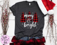 Merry and Bright Shirt, Plaid Christmas Trees Shirt, Merry Christmas Shirt, Cute Christmas Graphic Tee Plaid Christmas Trees, Merry And Bright Shirt, Shirts Vinyl, Cricut Air, Christmas Shirts For Kids, Cricut Christmas, Plaid Christmas Tree