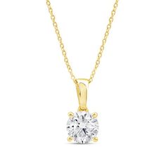 Complete any look in sparkling style with this effortless diamond pendant. Crafted in 14K yellow gold, this lab grown stud earrings showcases a scintillating 1ct  diamond solitaire. Polished to a bright shine, this pendant suspends along an extender cable chain that secures with a lobster clasp. Classic Gold Solitaire Necklace With Lab Grown Diamond, Classic Yellow Gold Solitaire Necklace, Yellow Gold Round Cut Lab Grown Diamond Necklace, Yellow Gold Diamond Necklace With Brilliant Cut, Timeless Yellow Gold Solitaire Necklace With Lab Grown Diamond, Yellow Gold Lab Grown Diamond Necklace With Brilliant Cut, Timeless Yellow Gold Solitaire Necklace With Prong Setting, Gold Solitaire Necklace With Lab Grown Diamond, Yellow Gold Diamond Necklace With Round Cut Lab-grown Diamond