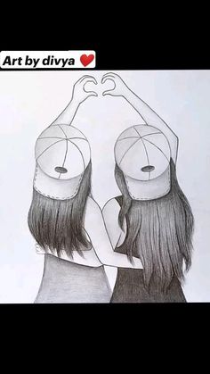 a drawing of two women making a heart shape with their hands while standing next to each other