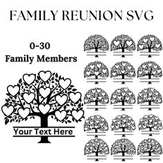 family reunion svg with hearts and tree silhouettes on the front, in black and white