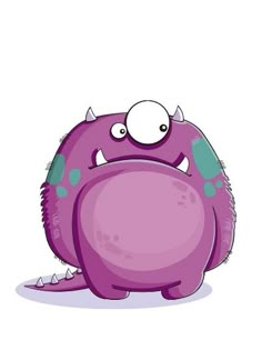 a purple monster with green spots on it's back legs and eyes, standing in front of a white background