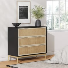 a black and beige dresser with drawers in a room next to a window, rug and potted plant