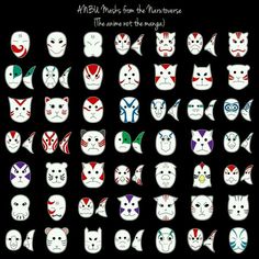 many different kinds of cats with faces painted on them, all in white and red