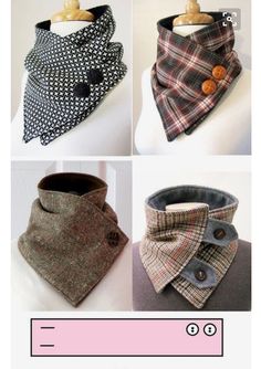 four different styles of neck scarves with buttons on the collar and in the back