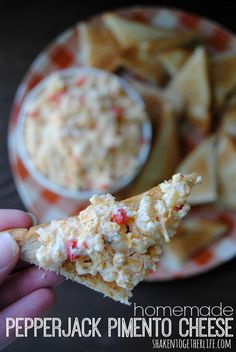 a hand holding up a cracker with dip in it and chips on the side