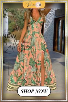 Tropical Print High Slit Maxi Dress P16068 Jungle Dress, Polynesian Dress, Tropical Outfit, Tropical Maxi Dress, Hawaii Outfits, Prom Dress Shoes, Lace Trim Dress, Tropical Dress, Autumn Dress