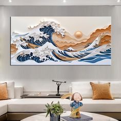 a living room filled with white couches and a painting on the wall above it