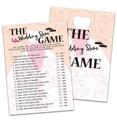 two wedding game cards with the words, the wedding shoe and the bride's dress