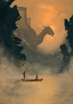 two people in a boat with a dragon flying over them and another person on the water