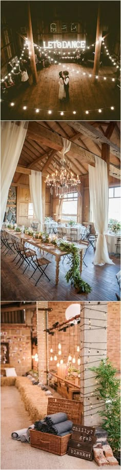 the inside of a barn with tables and chairs set up for an outdoor wedding reception