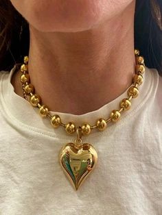 Free Returns ✓ Free Shipping✓. 1pc 8mm Stainless Steel Bead Chain Necklace With Big Gold Heart Pendant, Women's Fashionable Jewelry Accessory- Women Pendant Necklaces at SHEIN. Heart Necklace Gold, Heart Choker, Heart Pendant Gold, Puffed Heart, Dope Jewelry, Chunky Jewelry, Gold Heart Necklace, Funky Jewelry, Jewelry Lookbook