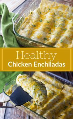 a casserole dish with chicken enchiladas in it