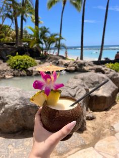 a person holding up a drink in front of the beach with palm trees and water