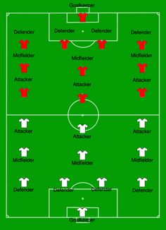 a soccer field with different teams on it and numbers in red, white and green