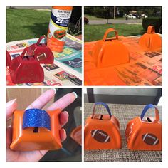 four pictures of orange and blue purses on top of a table in the grass