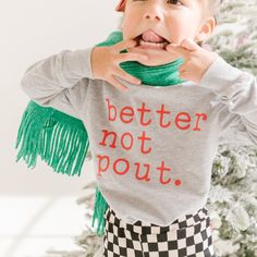 Better Not Pout Christmas Shirt  Details Features & Sizing *Crewneck, pullover styling *Short or Long Sleeves *Red Print Materials & Care *Soft Feel  *100% Cotton - Solid Colors  *Athletic Heather: 90% Airlume combed and ring-spun cotton, 10% poly *Machine wash cold, dry flat *Iron inside out Better Not Pout, Kids Christmas Shirt, Boho Toddler, Toddler Christmas Shirt, Christmas Shirts For Kids, Halloween Adventure, Summer Graphic Tee, Santa Shirt, Santa Shirts