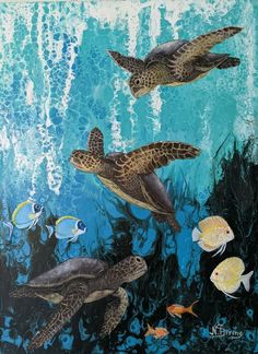 three sea turtles swimming in the ocean