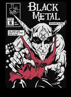 a black metal poster with an image of a demon holding a knife and looking at the camera