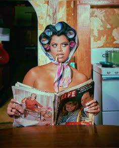 a woman reading a magazine while wearing a scarf around her head