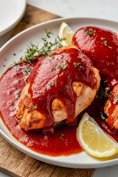 Grilled chicken breasts topped with red sauce and garnished with thyme, served with lemon wedges on a white plate. Teriyaki Glaze, Healthier Alternatives