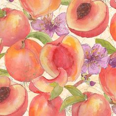 a painting of peaches and flowers on a white background