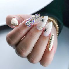 13. Starry Accents with Rhinestone Glam Glitter Gem Nails, Navidad Nails, White Almond Nails, Black Almond Nails, Nail Coat, Ideas Para Uñas, New Year Nails