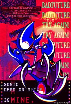 an advertisement for sonic the hedgehog on a red and purple background with words above it