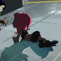 an animated image of two people on the ground with one person laying down and another standing up