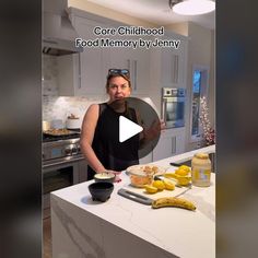 a woman standing in front of a kitchen counter with food on it and the caption reads core childhood food memory by jenny