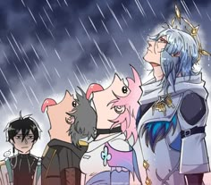 four anime characters standing in the rain