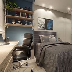 a bed sitting next to a desk in a bedroom