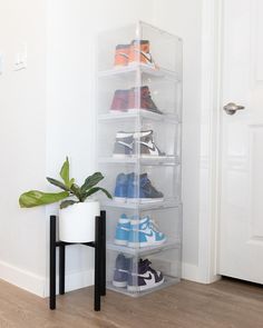 the shoe rack is holding several pairs of shoes