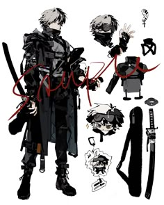 an anime character is standing next to some knives and other things that are drawn in red ink