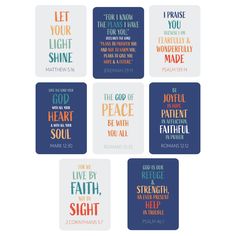 six coasters with bible verses on them in blue, red and green colors