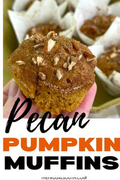 Pecan pumpkin muffin being held above more muffins. Easy Pumpkin Muffins, Pumpkin Muffins Recipe, Pecan Pumpkin, Pumpkin Recipes Easy