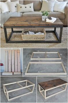 the coffee table is made out of wood and metal, with different angles to make it look