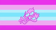 a pink and blue striped background with an image of a cat holding a bone in it's mouth