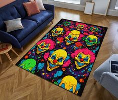 a living room area rug with clown heads on it and colorful colors in the background