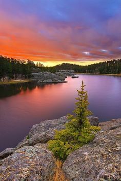 the sun is setting over a lake surrounded by rocks and pine trees in the foreground