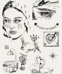 an ink drawing of a woman's face and other things