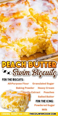 the recipe for peach butter sun biscuits is shown in this advertise with an image of