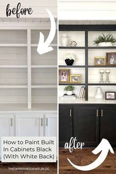 how to paint built in cabinets black with white back