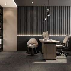 an office with a desk, chair and bookcase in the corner is lit by recessed lights