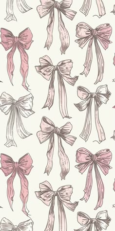 a bunch of bows that are on top of a white wallpaper background with pink and grey colors