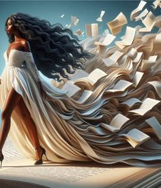 a woman with long hair standing in front of an open book and flying books into the air