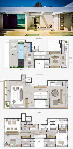 the floor plan for a modern house with multiple levels and different rooms, including an open living